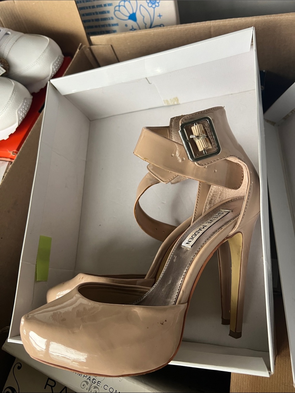 Steve Madden Nude Patent Platform Ankle-Strap Pumps